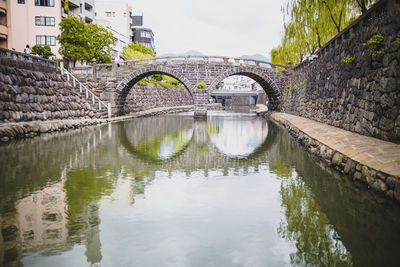 Bridge over river by buildings against sky