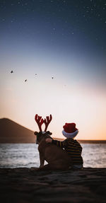 Rear view of boy with dog sitting at beach against sky during christmas
