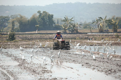 Man working in mud on field