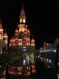 Reflection of illuminated buildings in city at night