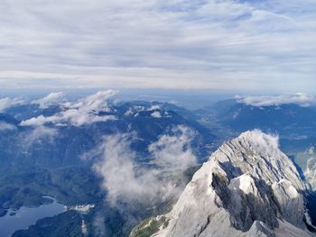 Aerial view of snowcapped mountains against sky