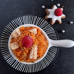 High angle view of breakfast served on table