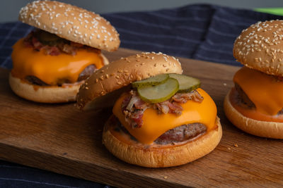 Close-up of burger on cutting board