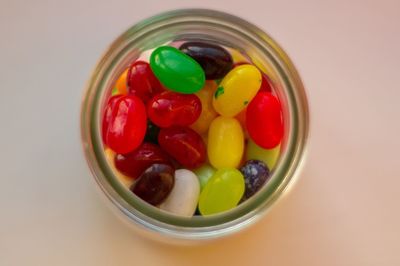 Directly above shot of candies in jar