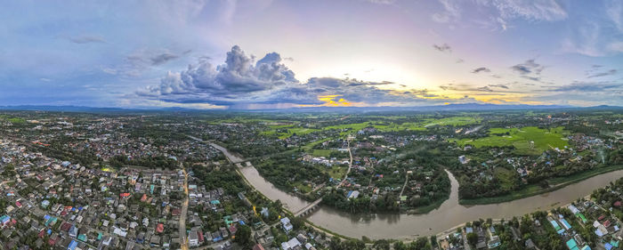 High angle shot of townscape against sky