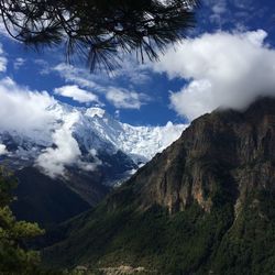 Low angle view of mountain against cloudy sky