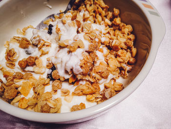 High angle view of breakfast served on table