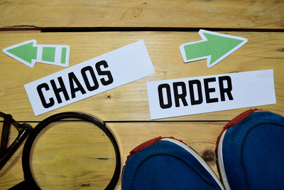 High angle view of text on wood