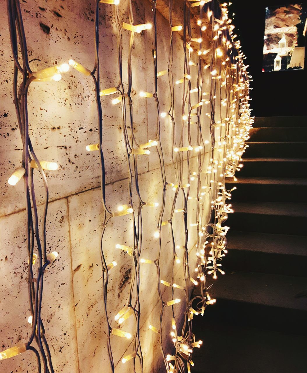 indoors, pattern, close-up, in a row, hanging, wood - material, illuminated, large group of objects, metal, fence, no people, repetition, night, lighting equipment, sunlight, focus on foreground, wall - building feature, electricity