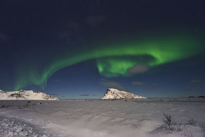 Scenic view of snow covered mountain against sky at night