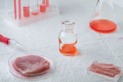 High angle view of bottles on table