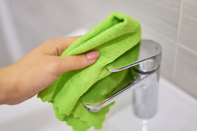 Close-up of hand holding leaf