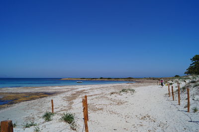 Scenic view of beach against clear blue sky