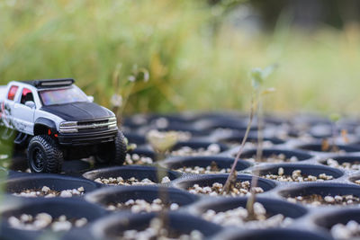 Close-up of toy car on road