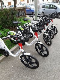 High angle view of bicycles parked on road