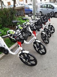 High angle view of bicycles parked on road