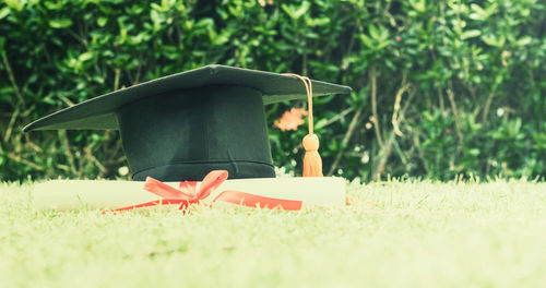 Close-up of mortarboard and diploma on grassy field