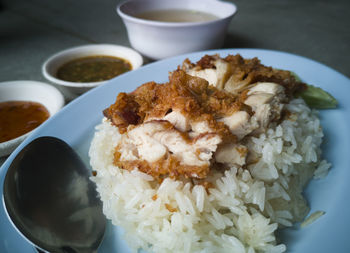 High angle view of breakfast served on table