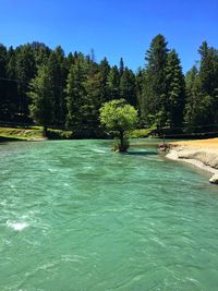 Scenic view of swimming pool by river against clear blue sky