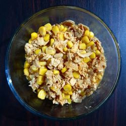 High angle view of food in bowl on table