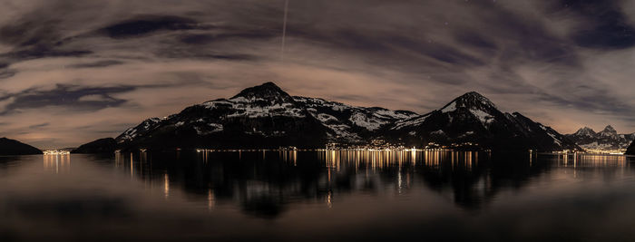 Scenic view of lake by mountains against sky