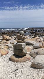 Rocks on beach against sky