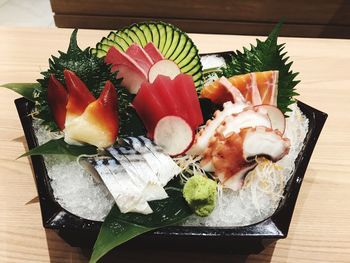 Close-up of sushi served on table