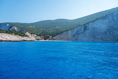 Scenic view of lake against clear blue sky