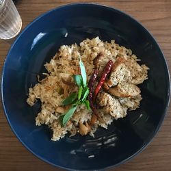 High angle view of meal served on table