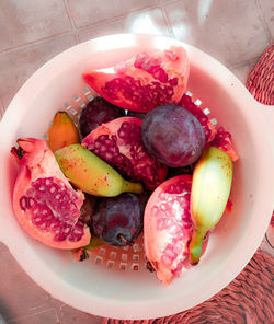 High angle view of fruits in bowl on table