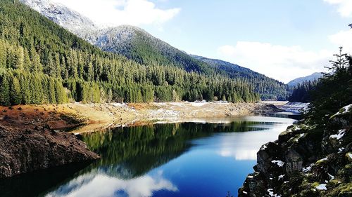 Scenic view of lake and mountains against sky