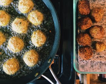 Directly above shot of meat in cooking pan