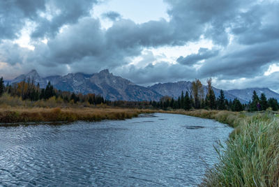 Scenic view of lake and mountains against sky