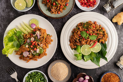 High angle view of meal served on table