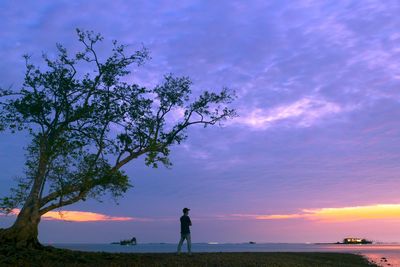 Silhouette person standing on field against sky during sunset