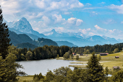 Scenic view of lake and mountains against sky