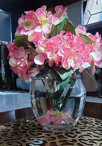 Close-up of pink flowers in glass vase on table
