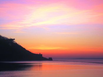 Scenic view of sea against orange sky