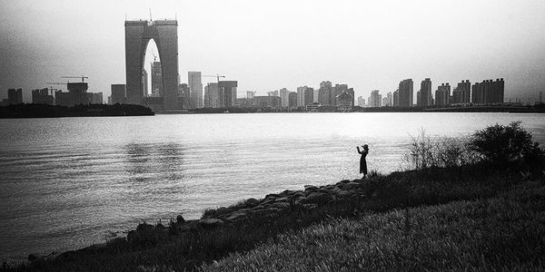 City skyline with river in background