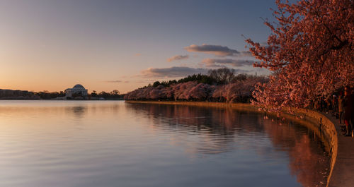 Scenic view of lake against sky during sunset