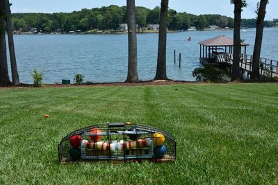 Lakeside croquet set on grass lawn