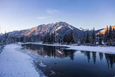 Scenic view of snowcapped mountains against sky during sunset