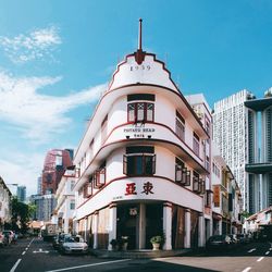 View of city street and buildings against sky