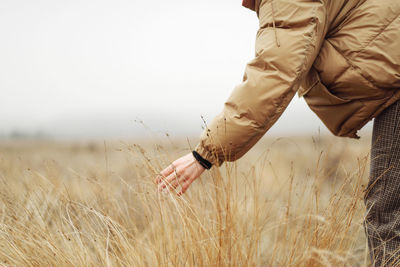 Unrecognizable female hands in autumn grass