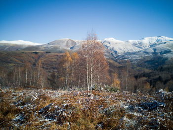 Scenic view mountains during first winter days 