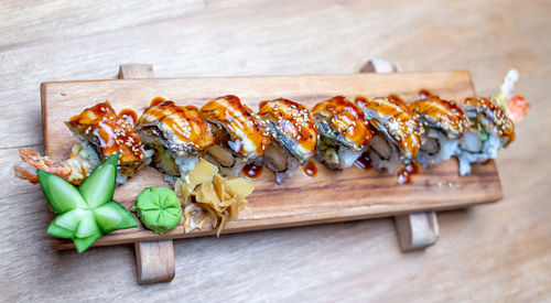 Close-up of sushi on cutting board