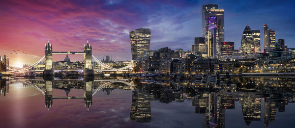 Reflection of illuminated buildings in water