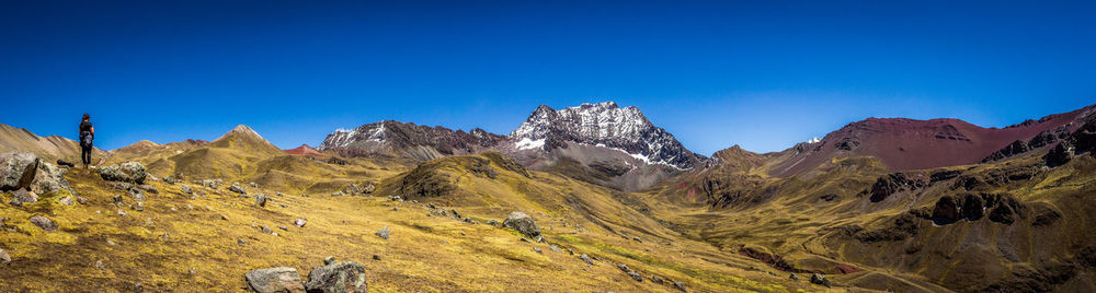 Panoramic view of snowcapped mountains against blue sky