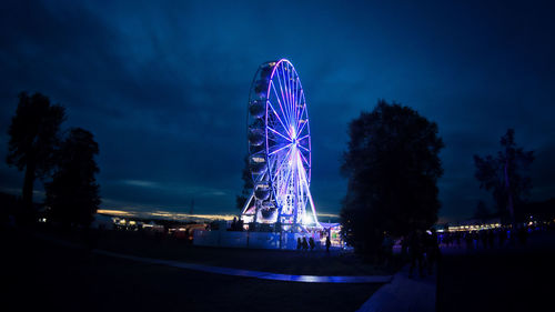 Illuminated ferris wheel at night