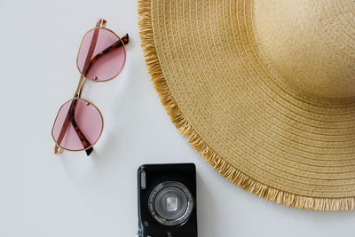 High angle view of hat on table